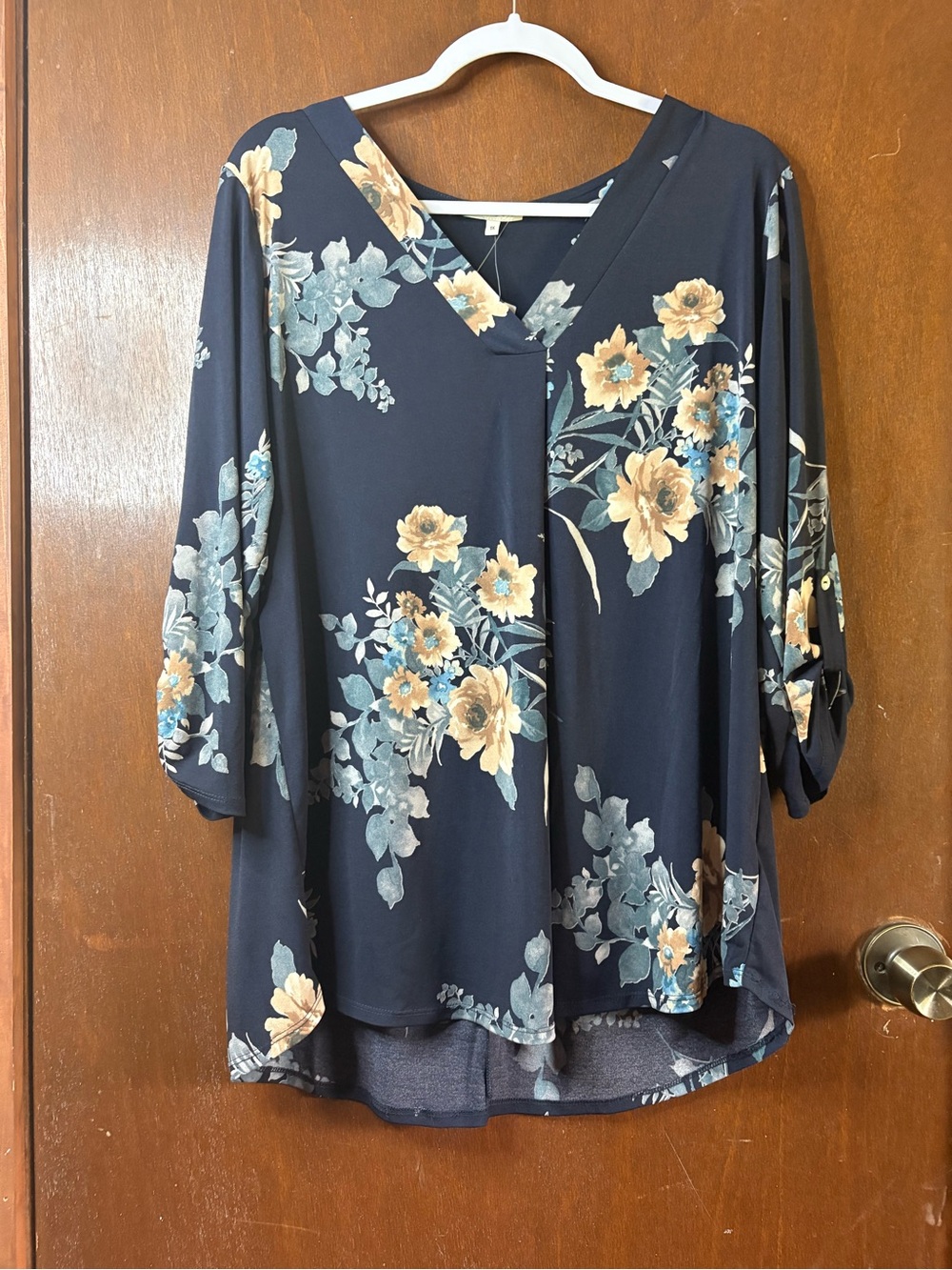 Women's Navy Floral V-Neck Blouse with Tan & Teal Blooms